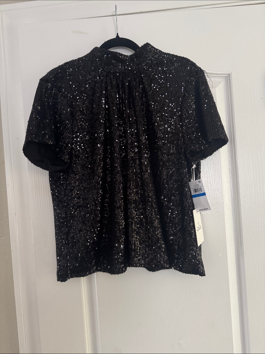 Cece Black Sequin Short Sleeve Mock Neck Top